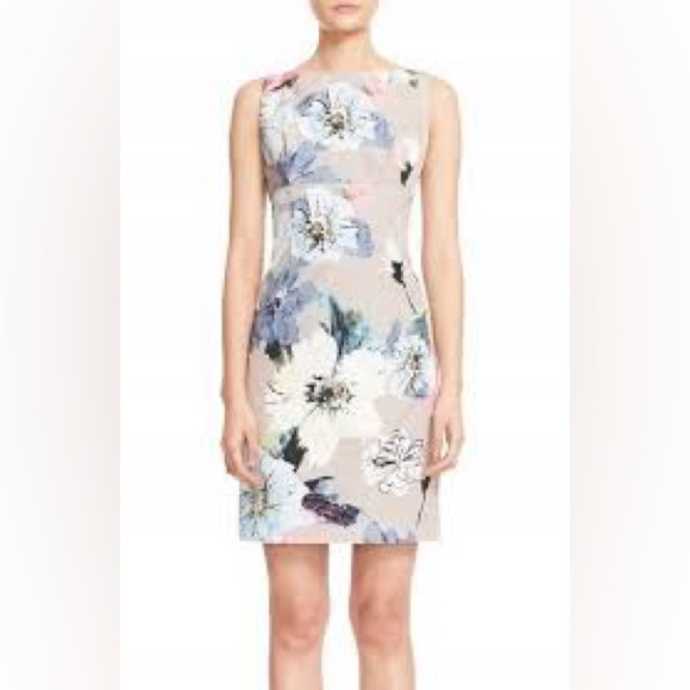 MILLY Taupe Floral Sleeveless V-Neck Shift Mini Dress Wedding Guest Size 8